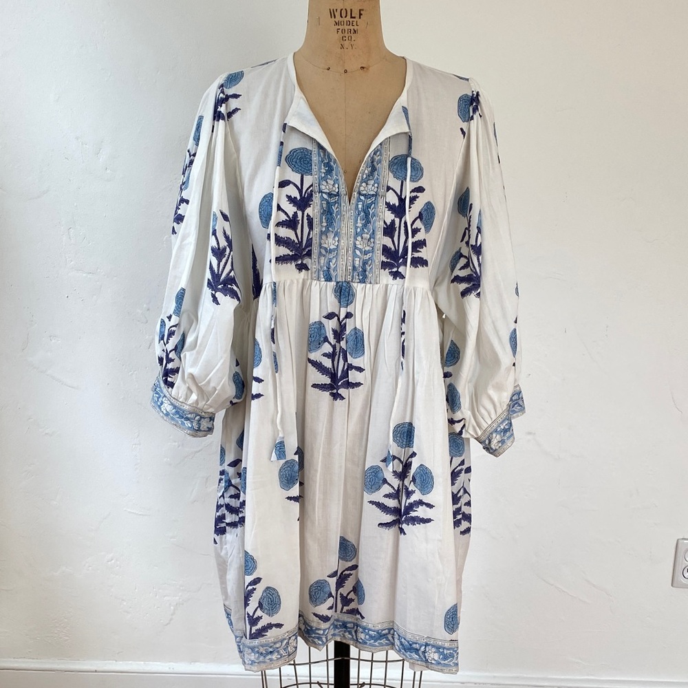 Floral Block Print White and Blue Dress